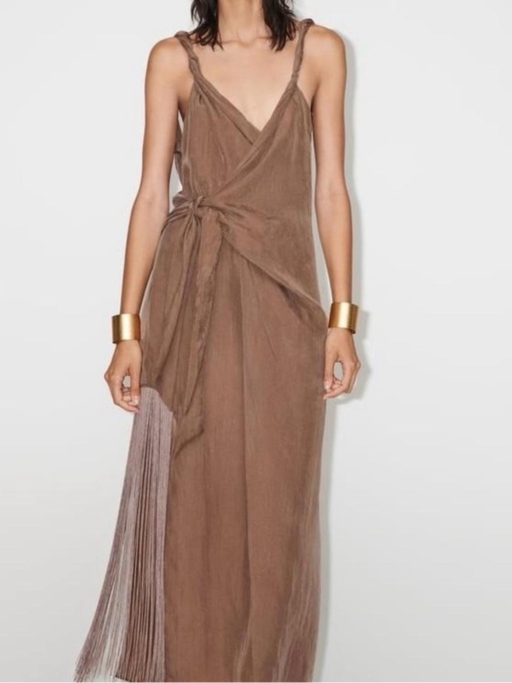 Zara Pareo Style Bronze Wrap Dress with Fringe✨NWT $129 Sz S